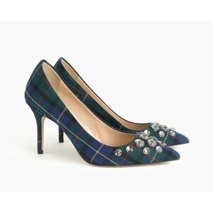 j.Crew Women's Blue Elsie Embellished Plaid Pumps sz 8 tartan Green NWOB